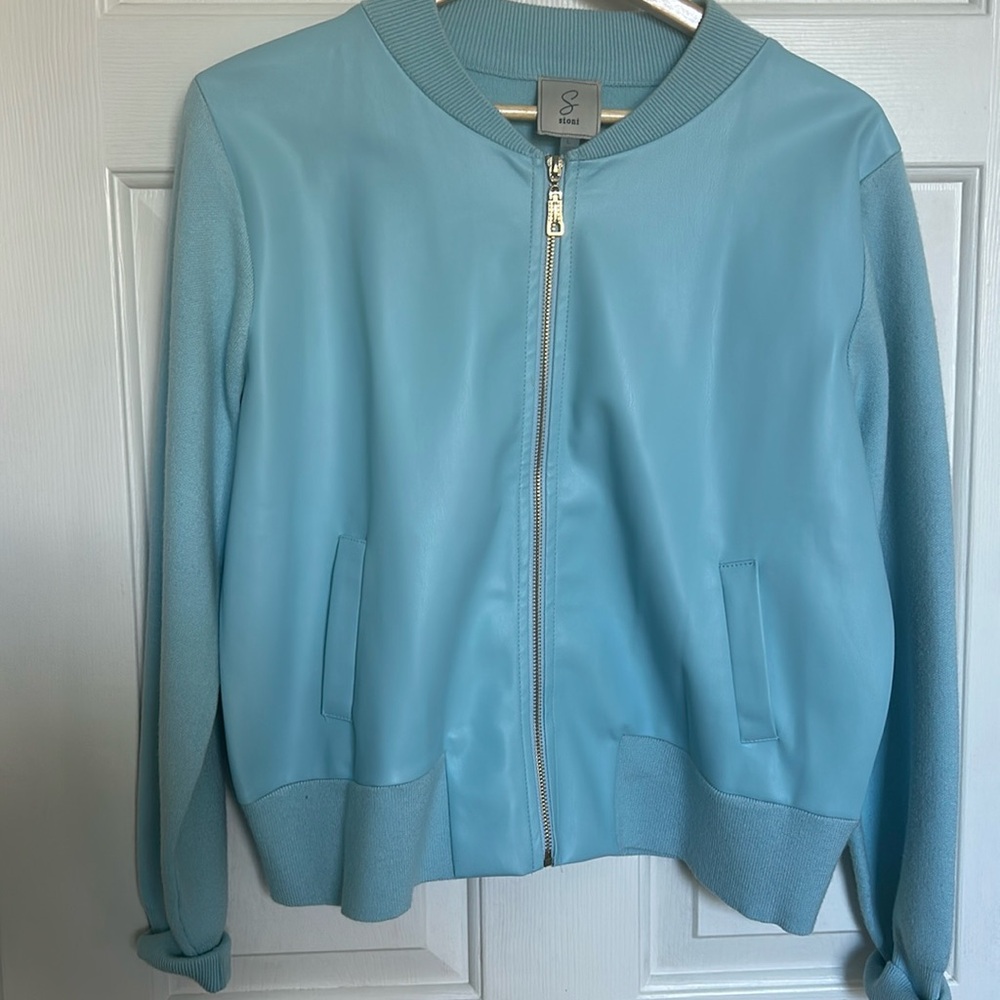 Blue faux leather/sweater bomber jacket Sz L